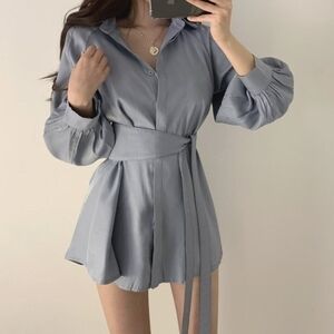 Muted Blue Shirt Dress With Sash